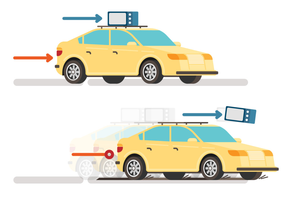 Carro freiando e objeto que estava sobre ele sendo arremeçado para frente