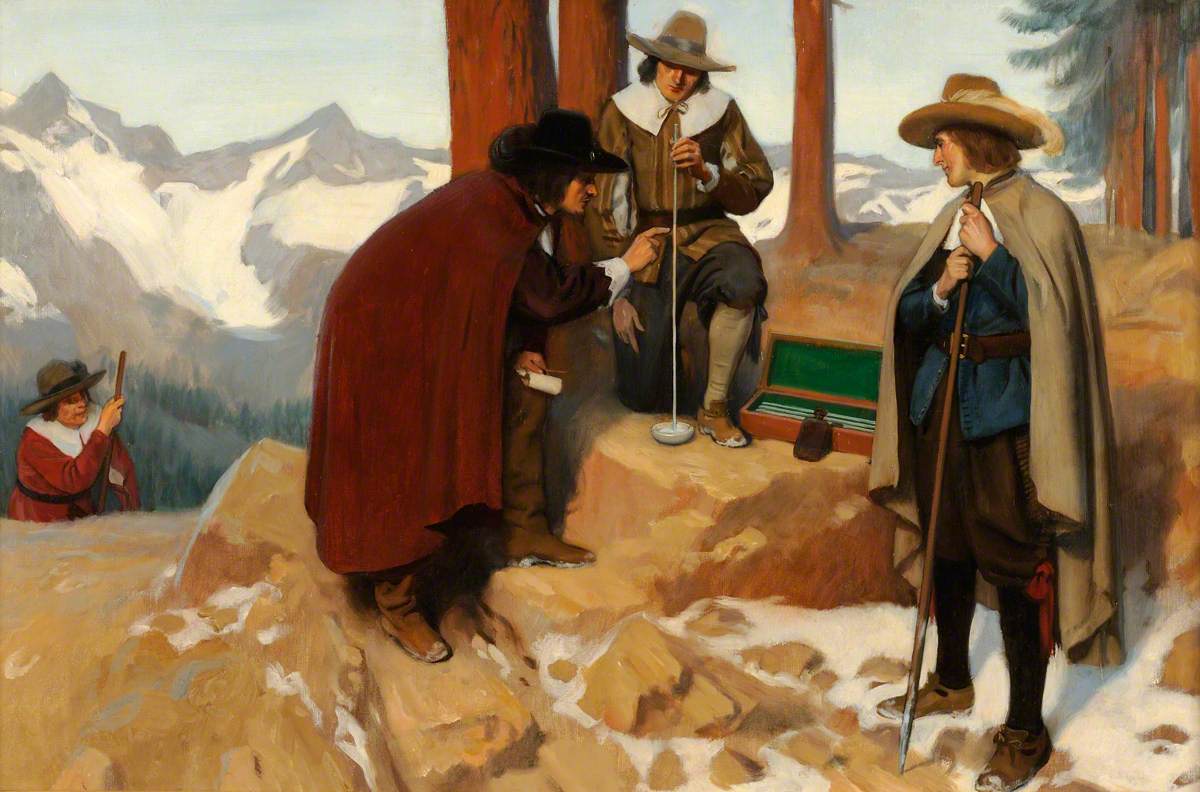 Pascal's Experiment in the Puy de Dôme to Test the Relation between Atmospheric Pressure and Altitude - Ernest Board - 1912 Pintura de Ernest Board sobre o experimento de pascal